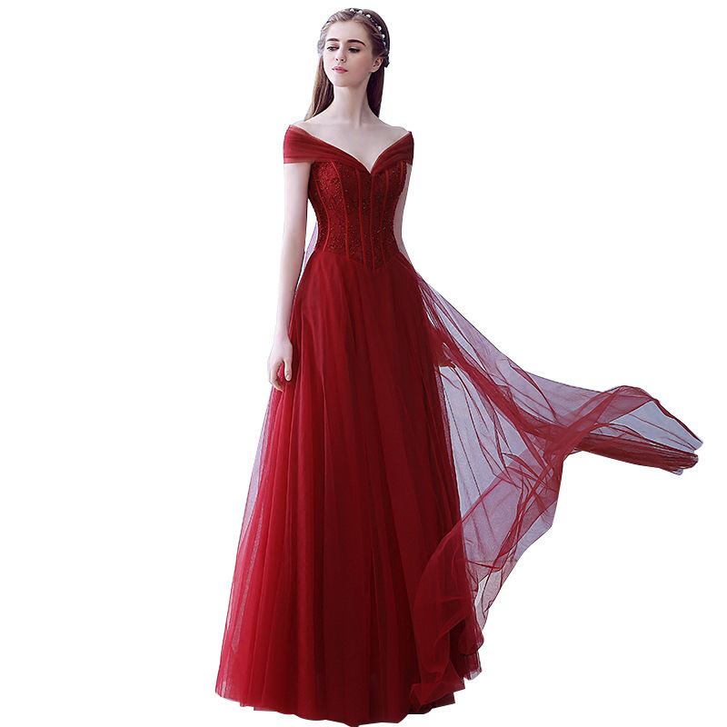 GS1824 New Design Korean Bride Slim Red V Neck Long Length Wedding Gown Bridal Toast Dress 2023