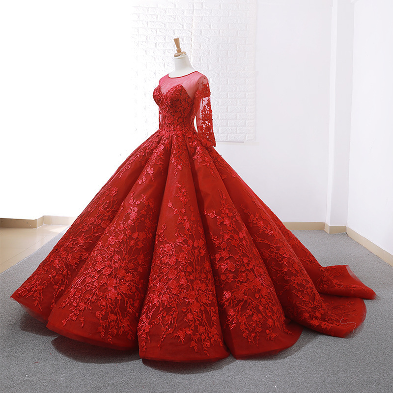 GS04 Summer Spring Floor Length Lace Red Marriage Party Peplum Dresses