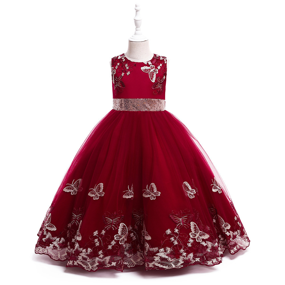 Kids Long Evening Gown Butterfly Embroidery Puffy Tulle Princess Girl Party Wear Teenager Tutu Dresses