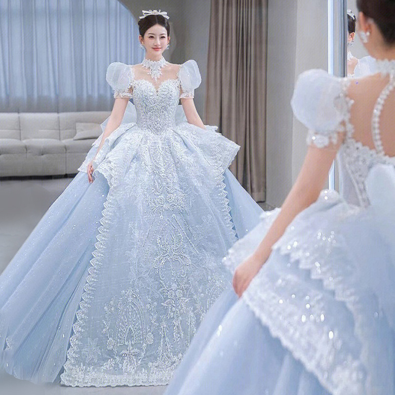 ZX-04 Princess Wedding Gown Main New Summer 2023 Luxury Court Fairy Big Trailing Blue Evening Wedding Dress For Bride