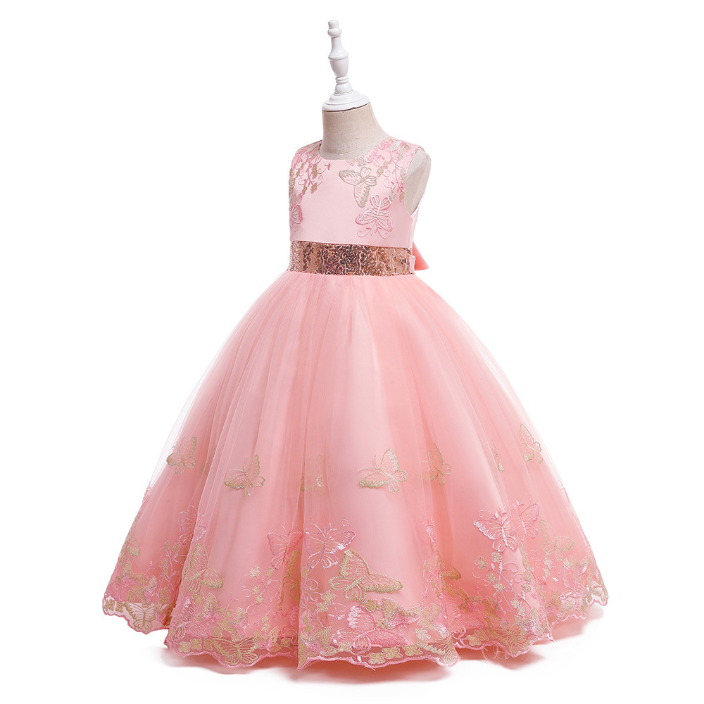 Kids Long Evening Gown Butterfly Embroidery Puffy Tulle Princess Girl Party Wear Teenager Tutu Dresses