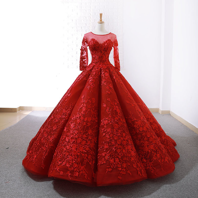 GS04 Summer Spring Floor Length Lace Red Marriage Party Peplum Dresses