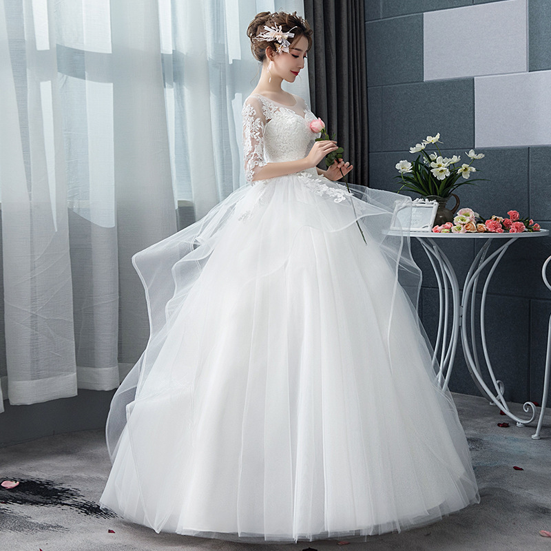 DM501 Korean Style Princess Puffy White Lace Dress Bride Outdoor Full Length Marriage Party Dresses