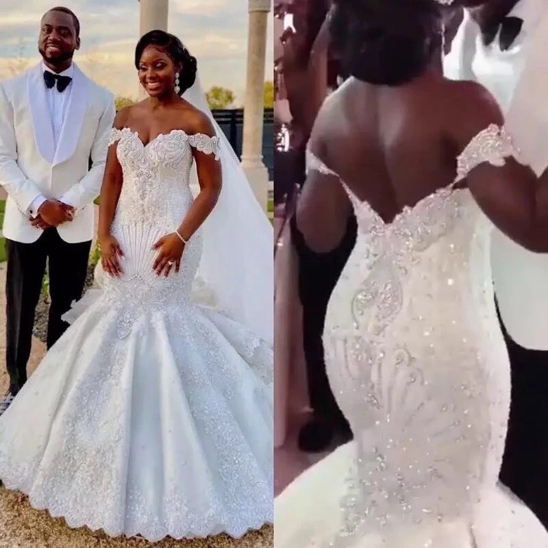 2378 African Luxury Off Shoulder Wedding Gown Lace Beading Appliques Pearls Bridal Mermaid Wedding Dress