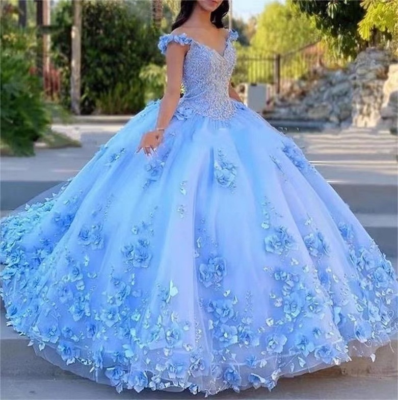 523 Floral 3D Flowers Quinceanera Puffy Dresses Prom Dress V-neck Flower Straps Beaded Corset Back Sweet 15 16 Girls Dresses