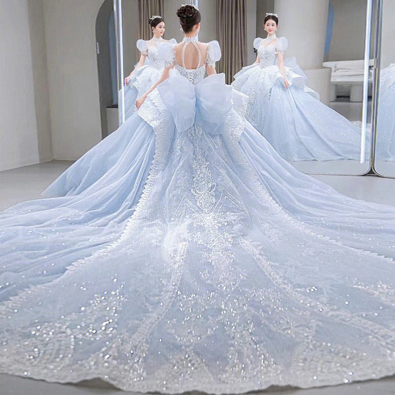 ZX-04 Princess Wedding Gown Main New Summer 2023 Luxury Court Fairy Big Trailing Blue Evening Wedding Dress For Bride