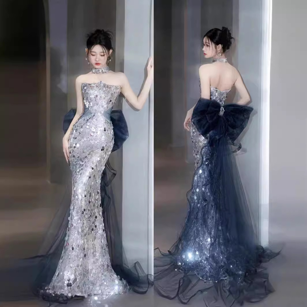 3082 Silver Sequins Strapless Party Evening Gown Slim Fit Party Bridal Toast Mermaid Wedding Dresses