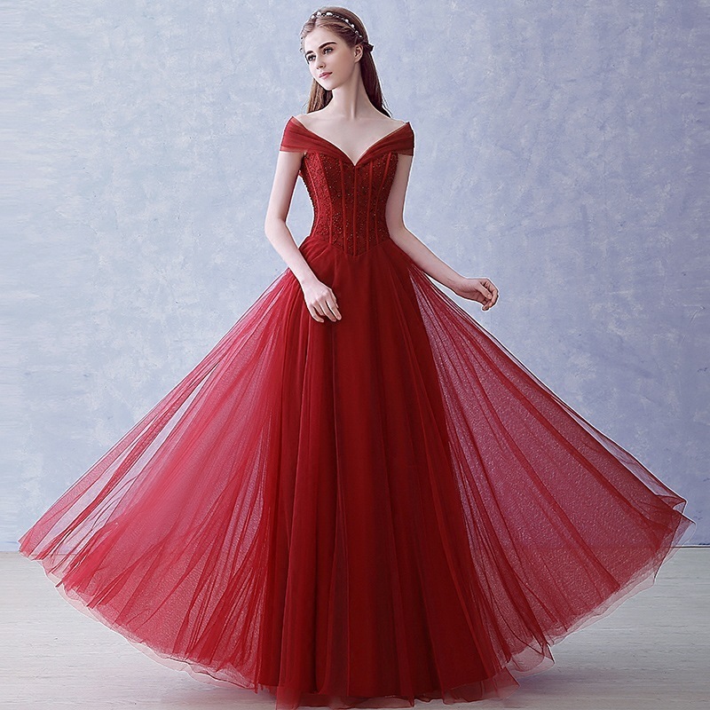 GS1824 New Design Korean Bride Slim Red V Neck Long Length Wedding Gown Bridal Toast Dress 2023