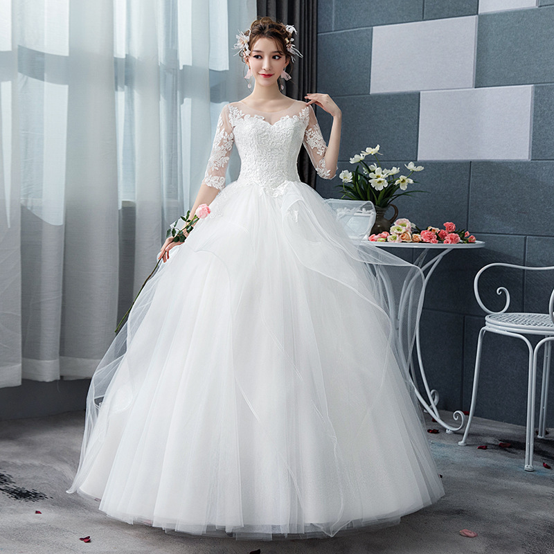 DM501 Korean Style Princess Puffy White Lace Dress Bride Outdoor Full Length Marriage Party Dresses