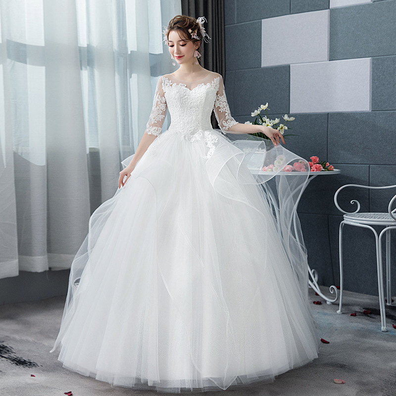 DM501 Korean Style Princess Puffy White Lace Dress Bride Outdoor Full Length Marriage Party Dresses