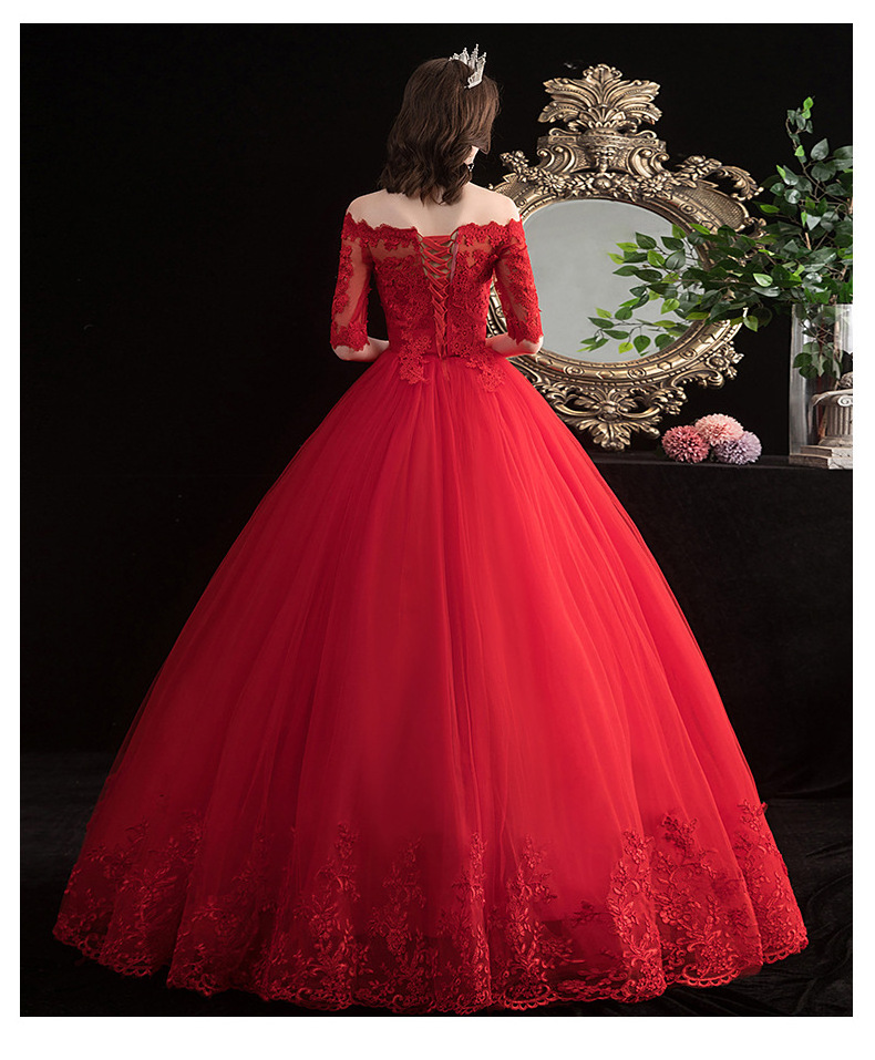 D20 Elegant Bride Embroidered Lace Red Wedding Dress Boat Neck Half Sleeves Bridal Princess White Appliques Ball Gown