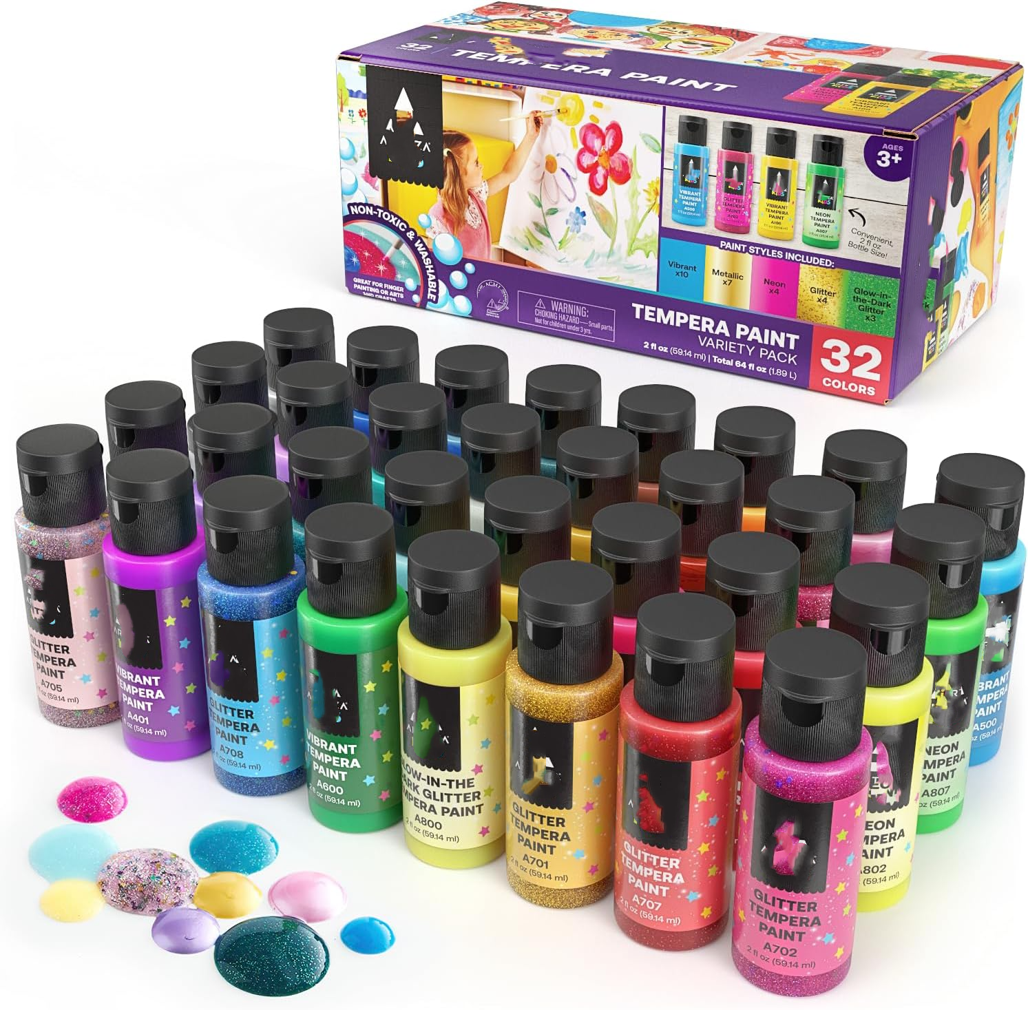 Set of 32 2.03oz /60ml Poster for Painting Craft Projects Sponge Finger Neon Glitter Glow-in-The-Dark Tempera Washable Paint