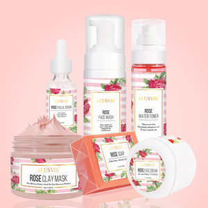 Private Label Rose Skin Care Skin Whitening Anti Aging Hydra Facial Cleanser Toner Face Serum Cream Clay Mask Soap Skincare Set