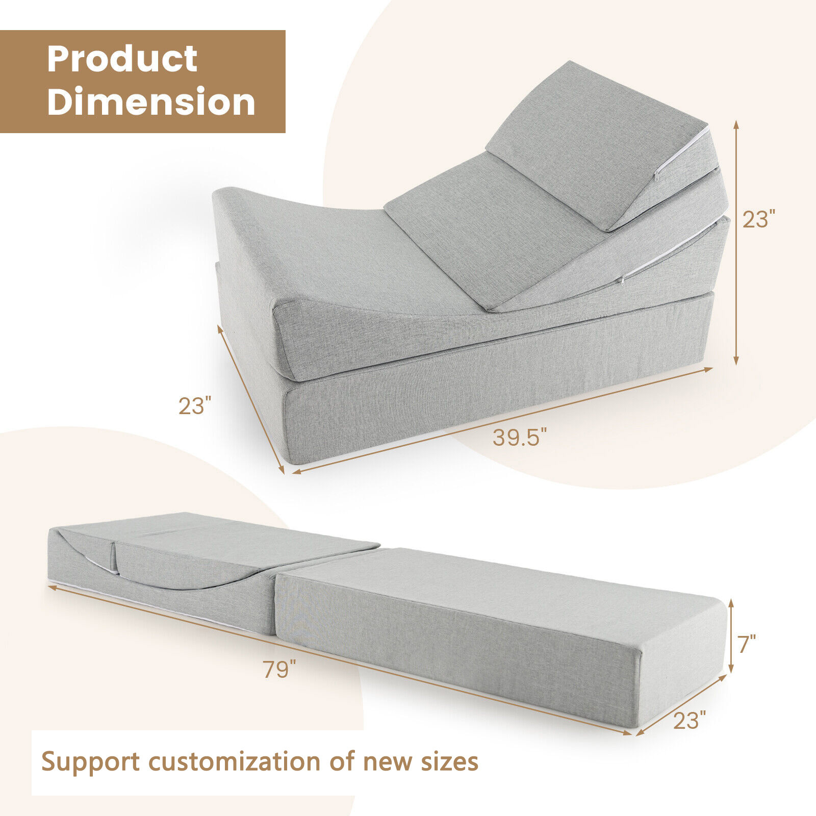 4-in-1 convertible folding sofa bed floor futon sleeper couch chair grey single multifunctional folding modular sofa bed