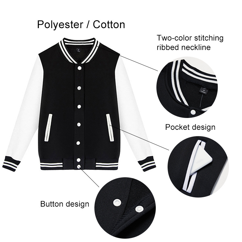 High Quality College Polyester Blank Bomber Custom Sport Fall Plain  Baseball Jackets Mens Black Varsity Jacket Women