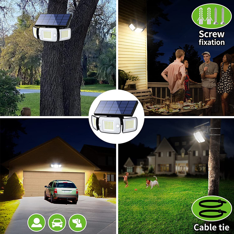 Dual Sensors IP65 Waterproof Solar Outdoor Lights 3 Heads Motion Sensor Security LED Solar Flood Lights Outdoor Wall Lights