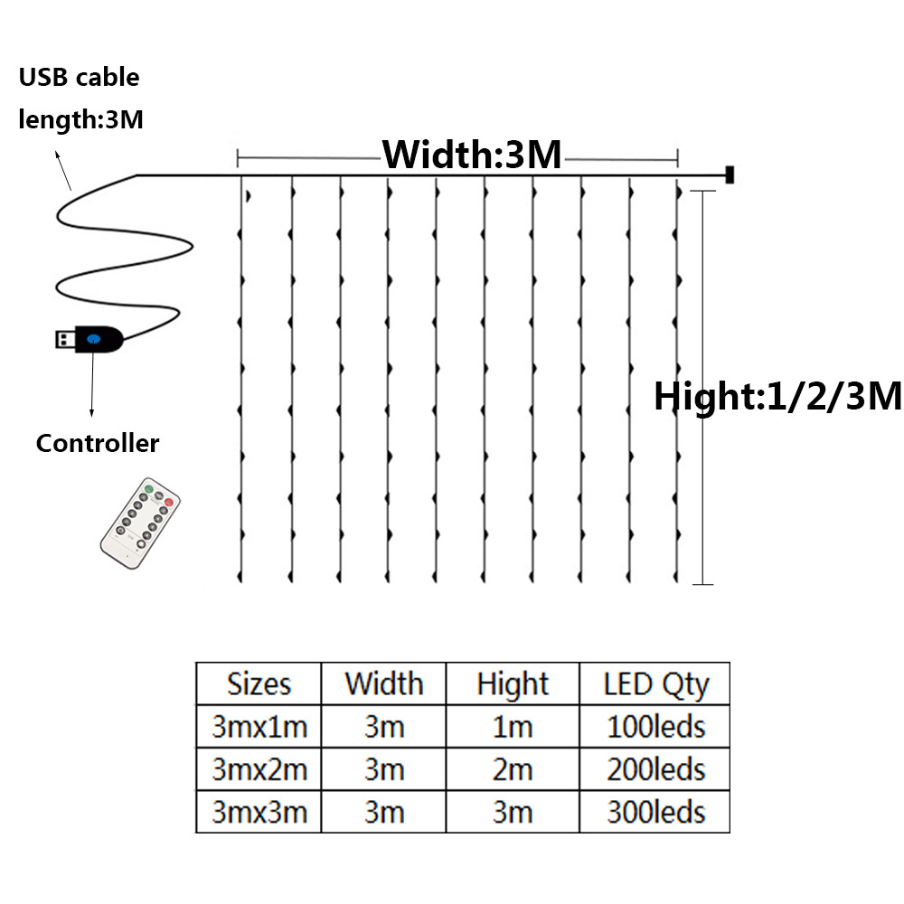 With Hook 3*3M USB Fairy Curtain String Lights 300 LED With Remote Timer Window Christmas Garland For Wedding Home Decoration