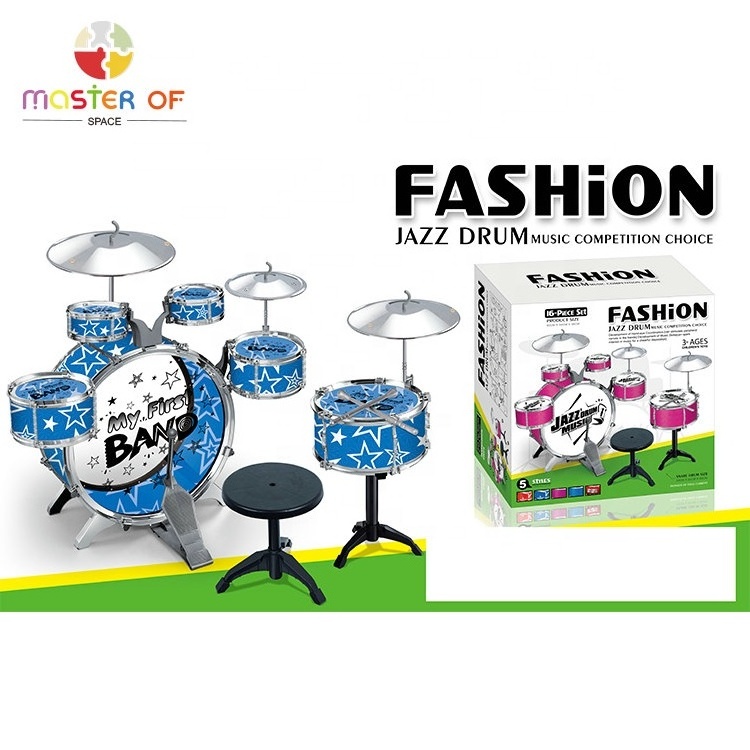 Kids Educational Play Rock Musical Toy 6 Pieces Plastic Drum Kit With Chair P07E056