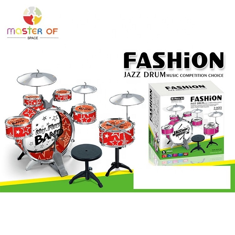 Kids Educational Play Rock Musical Toy 6 Pieces Plastic Drum Kit With Chair P07E056