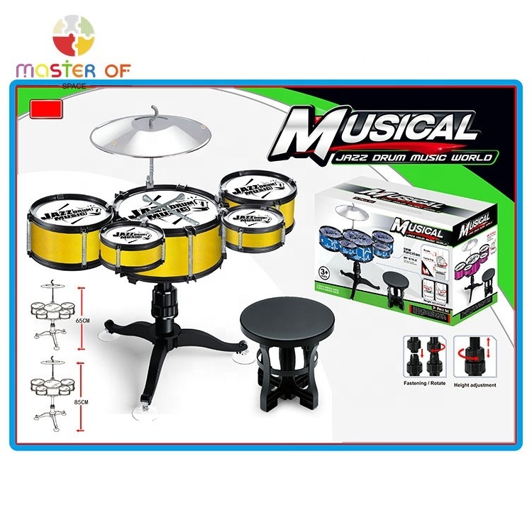 Kids Educational Play Rock Musical Toy 6 Pieces Plastic Drum Kit With Chair P07E056