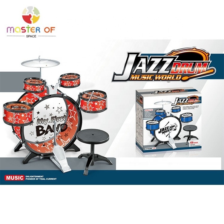 Kids Educational Play Rock Musical Toy 6 Pieces Plastic Drum Kit With Chair P07E056