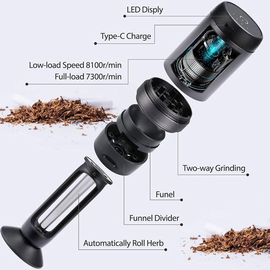 Customizable Portable 500mAh Black Rechargeable rolling grind Tobacco Dry Flowers leaves Tea Electric Herb Grinder