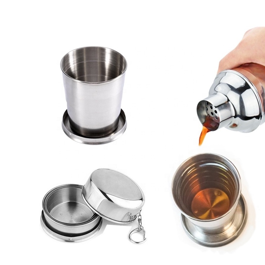 Wholesale whiskey Telescopic Collapsible mug Stainless Steel Shot Glass metal collapsible cup with keychain