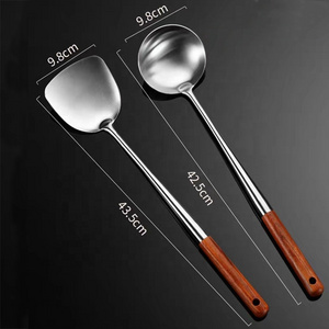 Long handle 2 pcs set 17 inch Chef Stainless Steel Specialty Chinese Wok Utensil Set Spatula and Ladle with Wooden Handle