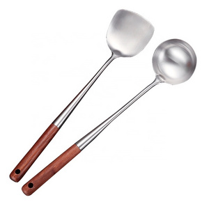 Asian Chinese Spatula & Ladle Set  with Wooden Handle Wok Spoon and Wok Turner Stainless Steel Cooking Utensils