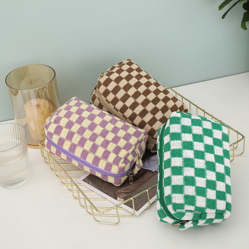 Ladies Small Knitted Cosmetic Bag Plaid Pencil Case Travel Soft Checkered Makeup Pouch Bag