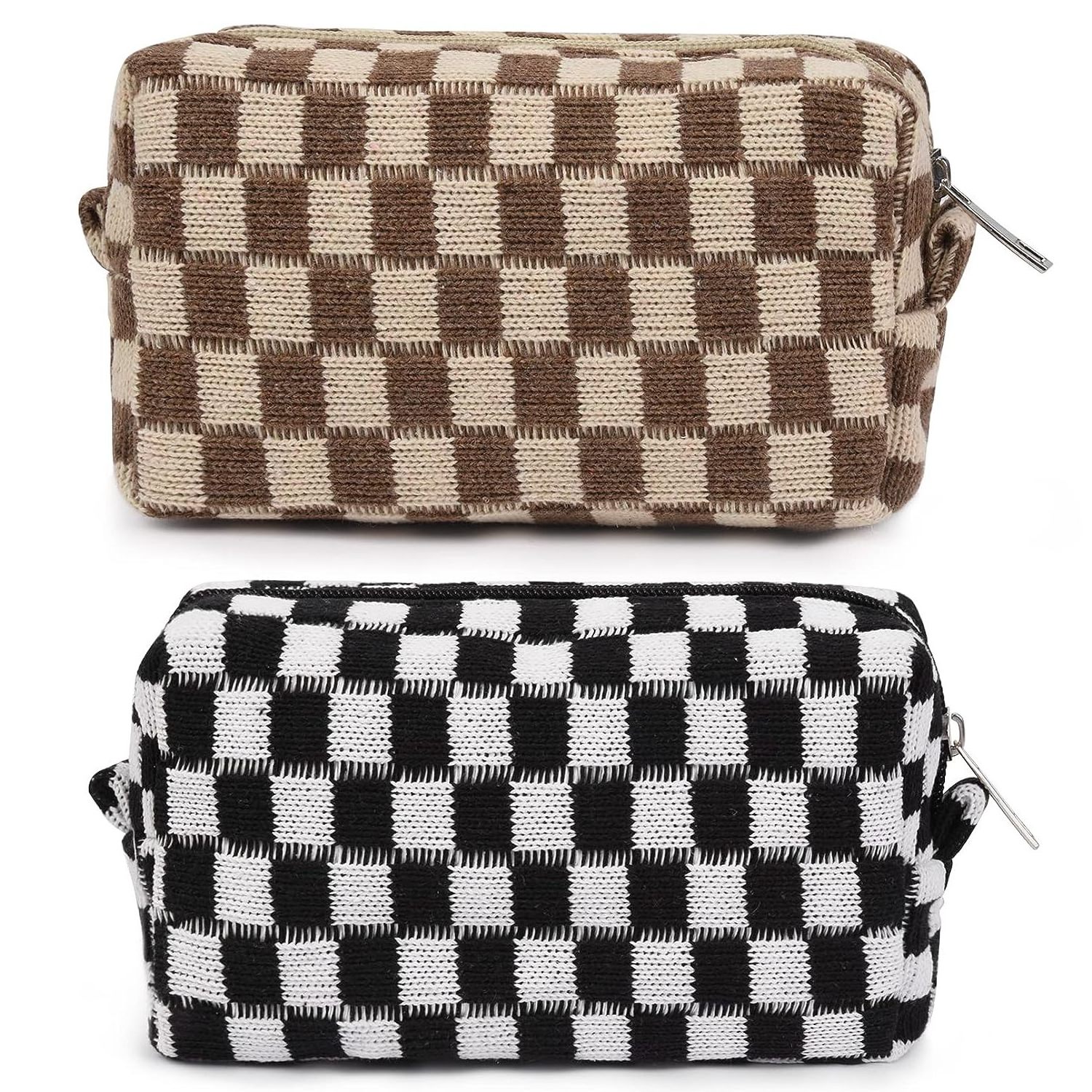 Ladies Small Knitted Cosmetic Bag Plaid Pencil Case Travel Soft Checkered Makeup Pouch Bag