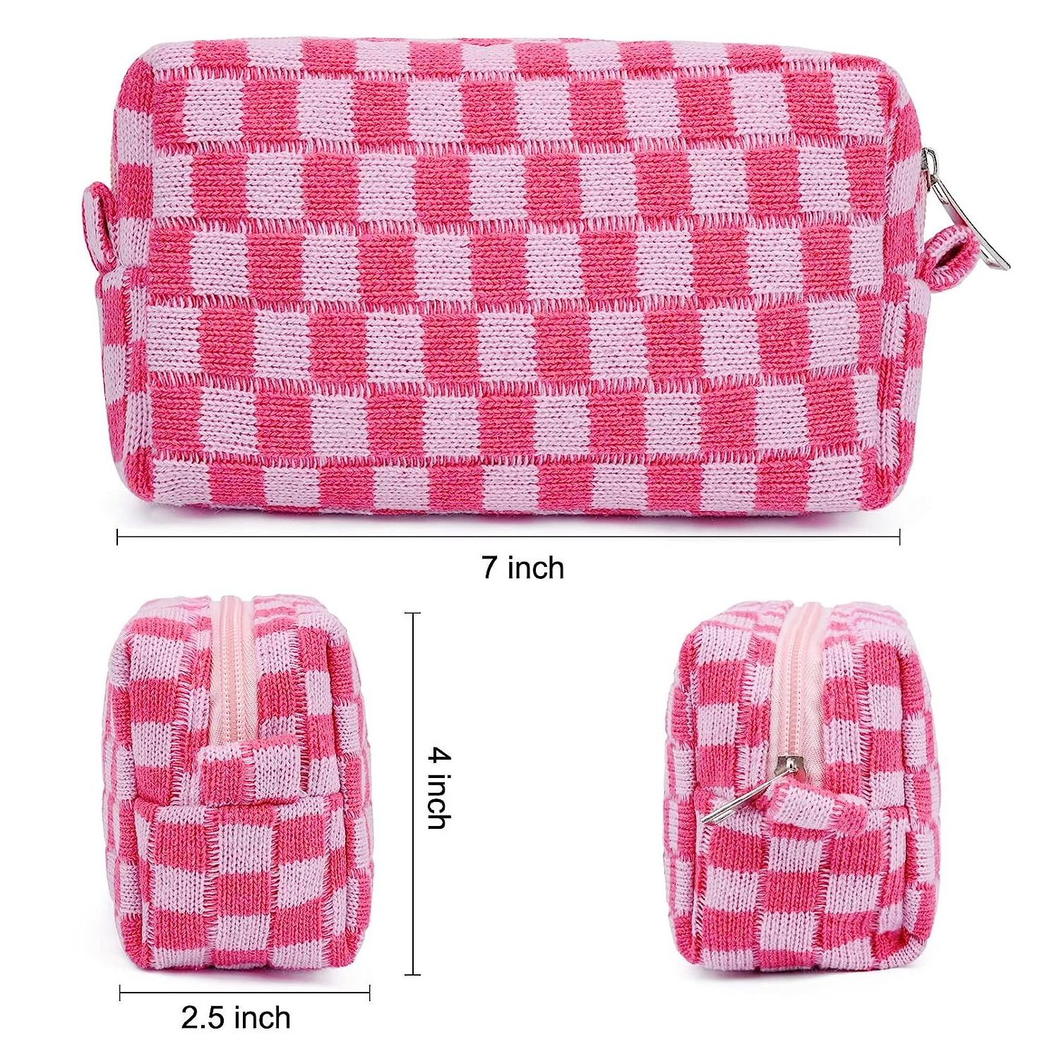 Ladies Small Knitted Cosmetic Bag Plaid Pencil Case Travel Soft Checkered Makeup Pouch Bag