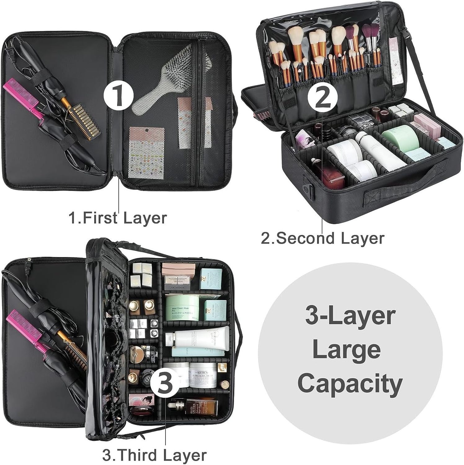 Large Capacity Makeup Case 3 Layers Cosmetic Organizer Brush Bag Makeup Train Case Oxford Suitcase Makeup Solid Zipper CN;GUA