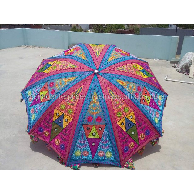 Indian Wedding Elephant Embroidered Cotton Garden Umbrella with Stand Parasol Home Roof event and Garden Decor