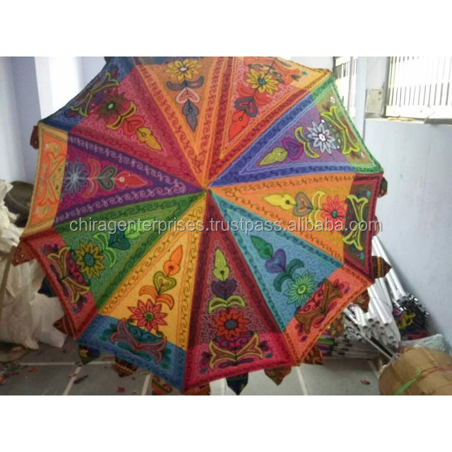 Indian Wedding Elephant Embroidered Cotton Garden Umbrella with Stand Parasol Home Roof event and Garden Decor