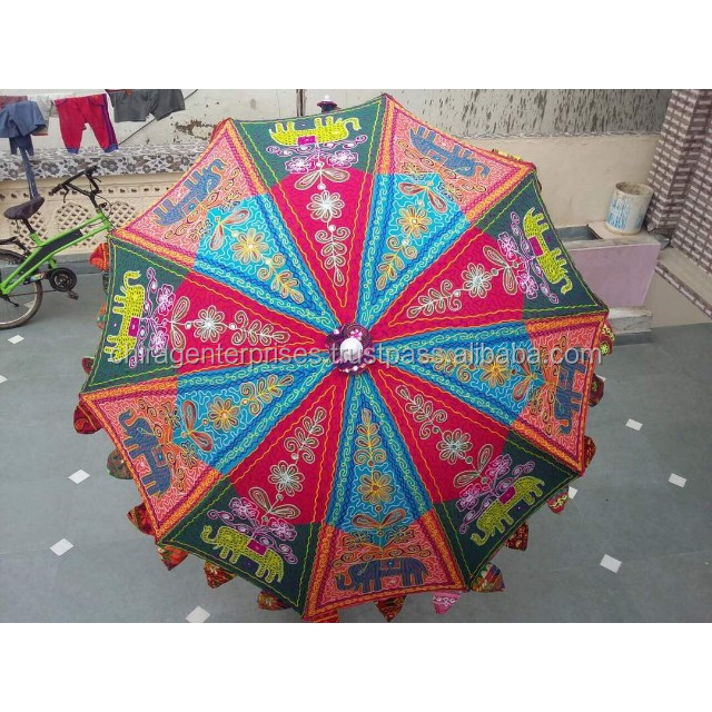 Indian Wedding Elephant Embroidered Cotton Garden Umbrella with Stand Parasol Home Roof event and Garden Decor