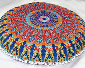 Fair Trade Cotton Embroidered Seat Cushion Meditation Yoga Pillow Polyester Viscose Filled Round Floor Cushion