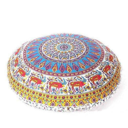 Fair Trade Cotton Embroidered Seat Cushion Meditation Yoga Pillow Polyester Viscose Filled Round Floor Cushion