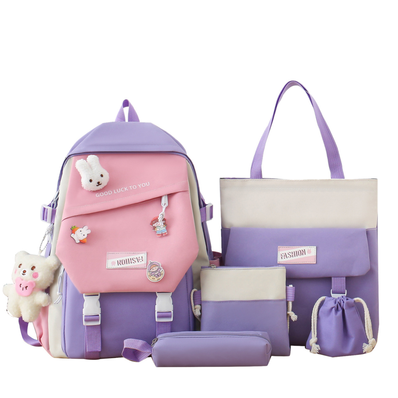 Fashion bunny pendant doll bracelet women's handbags Pencil 5 sets Boys and girls travel Laptop bags school student backpacks