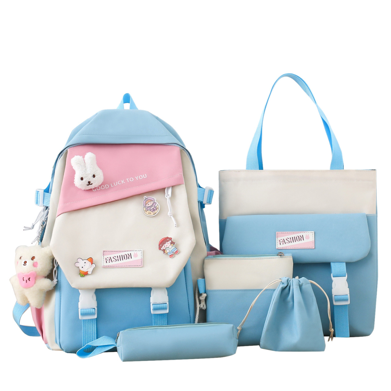 Fashion bunny pendant doll bracelet women's handbags Pencil 5 sets Boys and girls travel Laptop bags school student backpacks