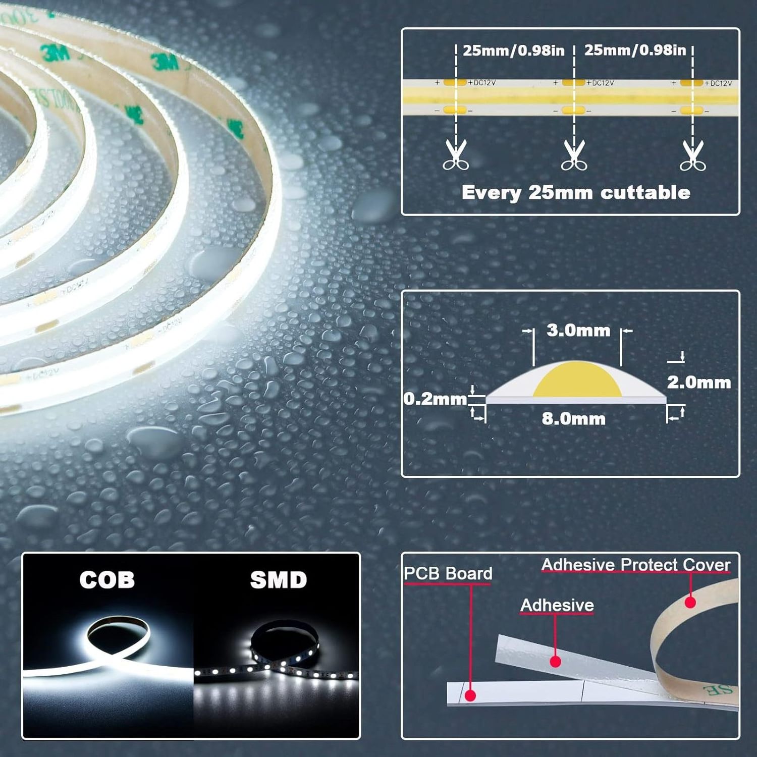 CE Rohs 3000k 4000k 6500k Smart Warm Cold White 12v 24v 220v RGB RGBW RGBIC Flexible Cob Led Strip Light