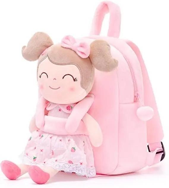 fashionable design Kids fur backpacks children school for girls pink blue plush bags with stuffed doll