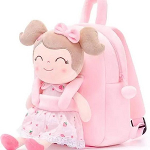 fashionable design Kids fur backpacks children school for girls pink blue plush bags with stuffed doll