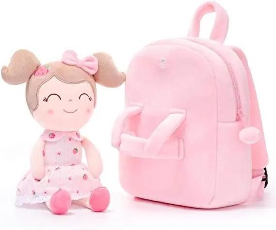 fashionable design Kids fur backpacks children school for girls pink blue plush bags with stuffed doll