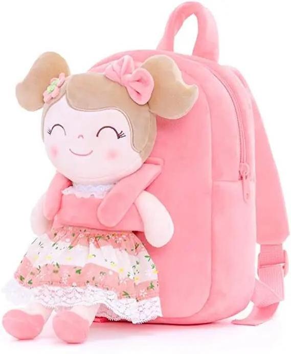 fashionable design Kids fur backpacks children school for girls pink blue plush bags with stuffed doll