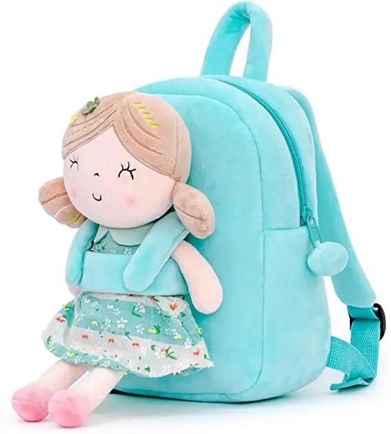 fashionable design Kids fur backpacks children school for girls pink blue plush bags with stuffed doll