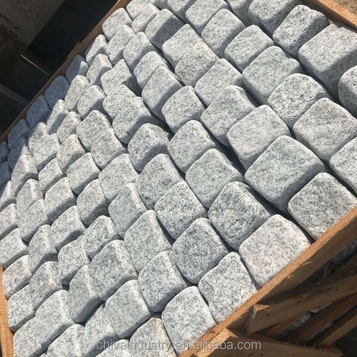 Tumbled light gray granite cobblestone on mesh Outdoor Heavy Duty Thickest Cube Pavers