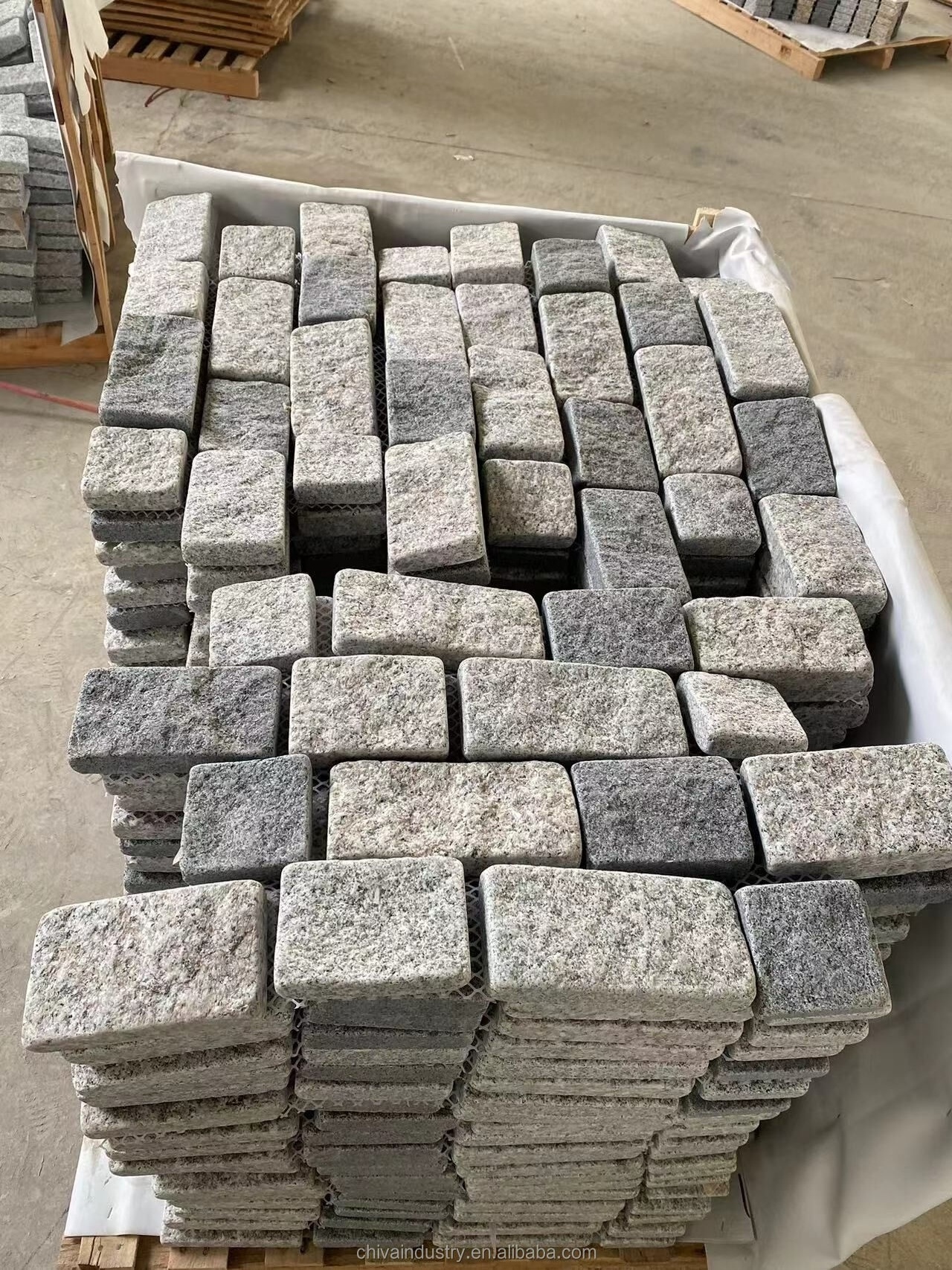 Tumbled light gray granite cobblestone on mesh Outdoor Heavy Duty Thickest Cube Pavers