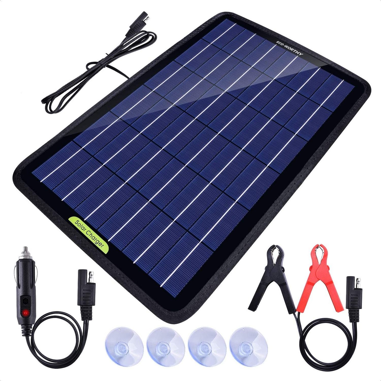 12v 10W Solar Car Battery Charger  Solar Panel Trickle Charger, Portable Power Backup with Alligator Clip Adapter for Car Boat