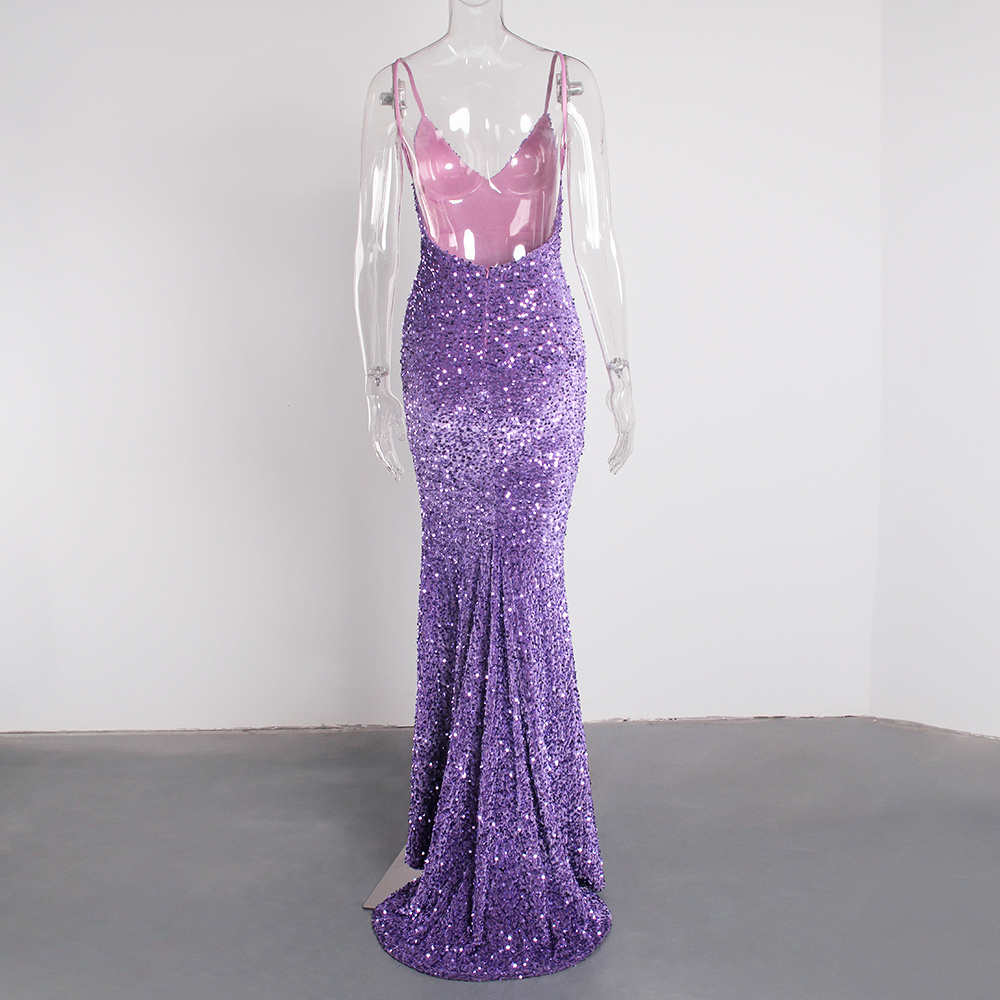 Alibaba Evening Dresses Manufacturer Make Sexy Formal V Neck Purple Sequined Dubai Arabic Evening Dresses